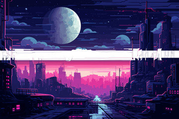 Futuristic vaporwave cyberpunk vector art with a city skyline at night with purple hues.