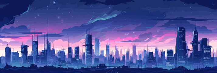 Futuristic vaporwave cyberpunk vector art with a city skyline at night with purple hues. © W&S Stock