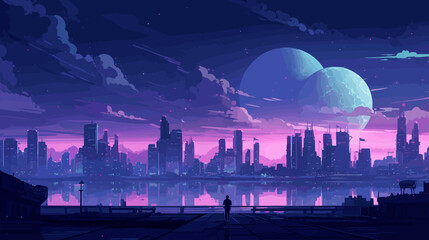 Futuristic vaporwave cyberpunk vector art with a city skyline at night with purple hues.