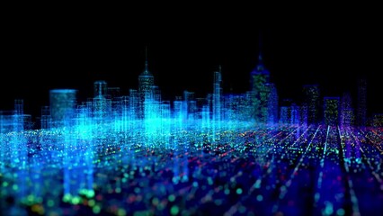 City skyscrapers from bright and glowing neon particles and blue lights. Digital visualization 3d technology. Seamless loop 4k video
