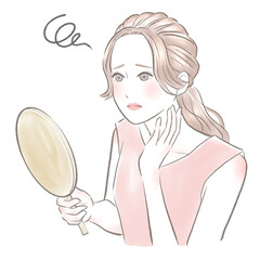 手鏡を持って顔の肌に悩む女性