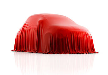 Compact car covered  with red cloth on a white background. 3D illustration