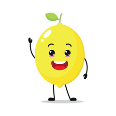 Cute happy lemon character. Funny smile and greeting lemon cartoon emoticon in flat style. Fruit emoji vector illustration