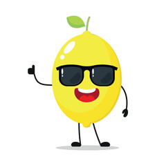 Cute happy lemon character wear sunglasses. Funny lemon greet friend cartoon emoticon in flat style. Fruit emoji vector illustration