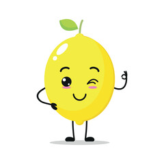 Cute happy lemon character. Funny smiling and wink lemon cartoon emoticon in flat style. Fruit emoji vector illustration