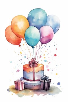 Happy birthday greeting card in watercolor style with festive cake, gifts and balloons. Watercolor Birthday invitation illustration. Generative AI.