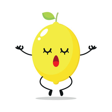 Cute relax lemon character. Funny yoga lemon cartoon emoticon in flat style. Fruit emoji meditation vector illustration