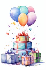 Happy birthday greeting card in watercolor style with festive gifts and balloons. Watercolor Birthday invitation illustration. Generative AI.