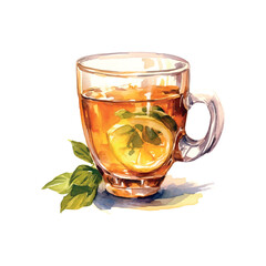 Yellow tea lemon summer watercolor in retro style on white background. Natural background.
