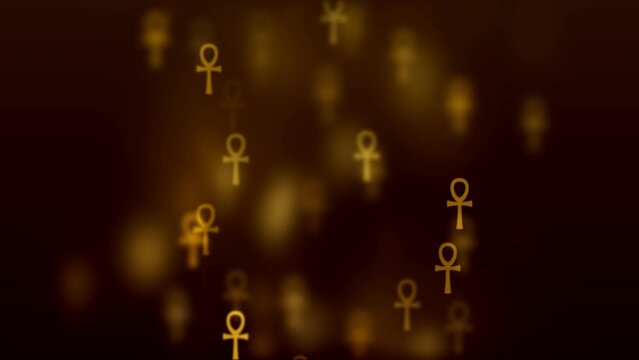 Abstract Motion Religious Golden Brown Shine Blurry Focus Ankh Key Of Life Ancient Egypt Symbol Particles Bokeh Lights Background, Seamless Loop