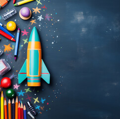 Bright toy rocket and school supplies on chalkboard, flat lay with space for text. Banner design. Made with generative ai
