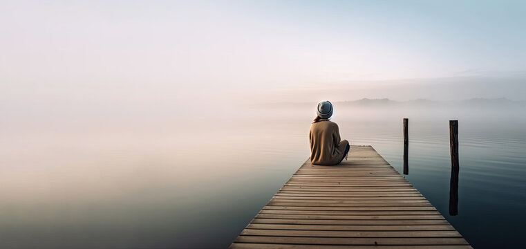 A woman sits on a wooden pier looking at a calm misty lake and meditates.
