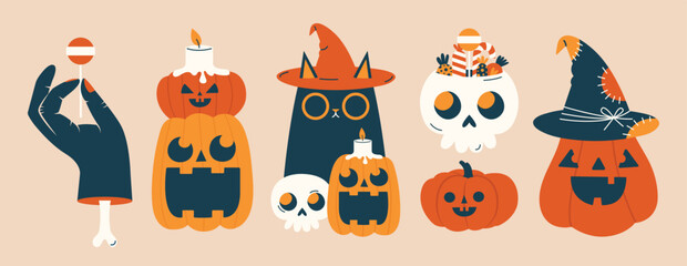 Set of cute Halloween vector illustrations. Stickers with black cat in witch hat, skull with candies, evil pumpkins, hand with bone. Happy Halloween concept. Funny, quirky cliparts with characters.