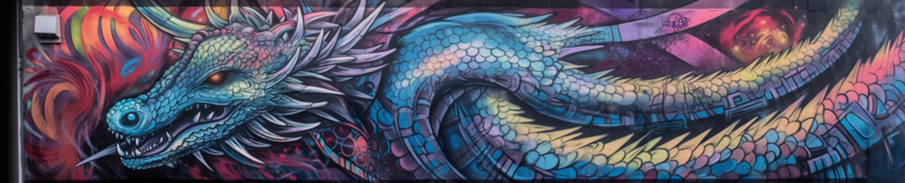 A vibrant graffiti mural depicting a fierce dragon, Generative AI