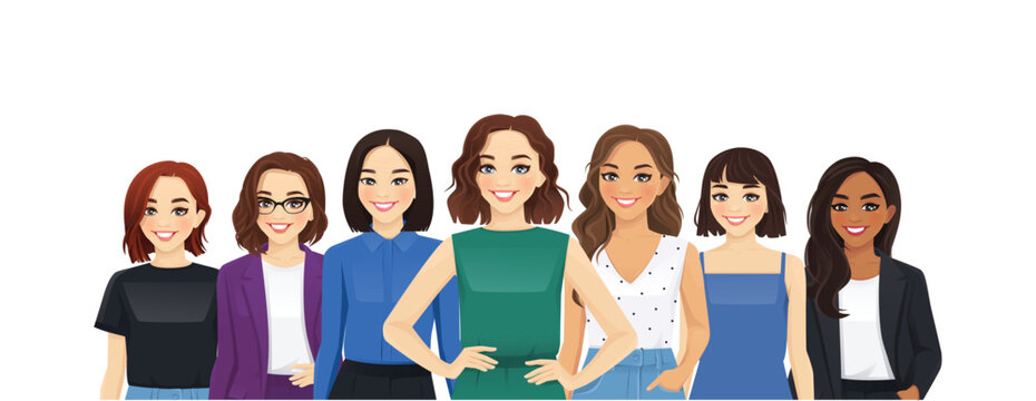 Portrait Of Multiethnic Group Of Different Casual And Business Women Team Standing Together With Leader Isolated Vector Illustration