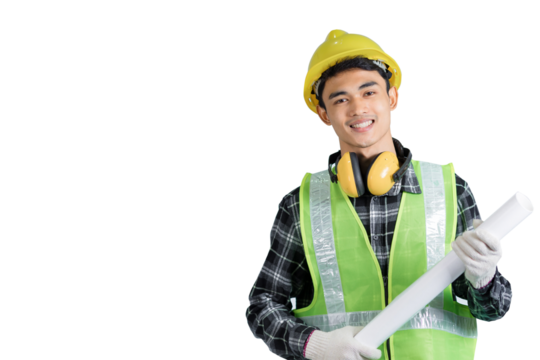 Asian young engineer wearing light green protective suit wearing a yellow hat wearing white gloves yellow headphones Two hands holding scrolls with happy smiling faces. white background