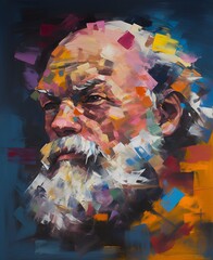 An abstract expressionist interpretation of Socrates, using bold strokes and dramatic colors to convey his ideas and emotions