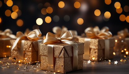 A luxurious image showcasing a golden gift box adorned with a golden ribbon, set against a shimmering gold backdrop. Based on Generative Ai.