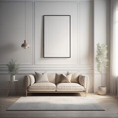 Contemporary Minimalist Room Interior with Frame Mockup, 3D Render in Neutral Tones