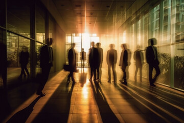 Silhouettes of group of people in business office with motion blur effect. Crowd of unrecognizable people walking in building with glass facade. City life. Created with Generative AI