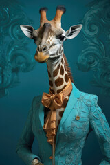 Fototapety  Portrait of giraffe in human clothing. Creative portrait of wild animal on abstract background. Antropomorphic animal. Created with Generative AI