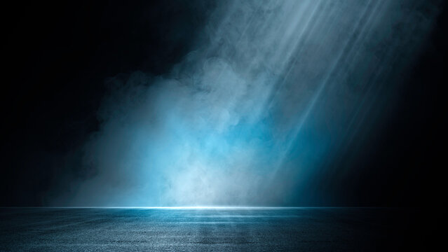 Dark street, asphalt abstract dark blue background, empty open dark scene neon light, spotlights The concrete floor and studio room with faint smoke float up the interior texture for display products