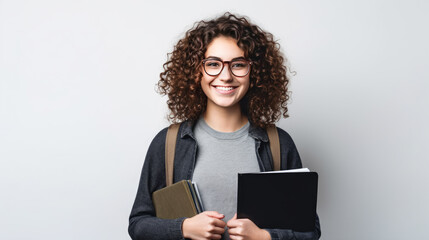Young curly student woman wearing glasses and backpack holding books and tablet over isolated white background, learning and educational back to school concept, Generative AI - obrazy, fototapety, plakaty