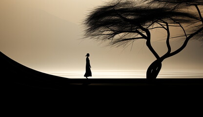 An elegant minimalist illustration featuring the silhouette of a woman standing alone, set against a black and white backdrop, evoking a sense of solitude and simplicity. Based on Generative Ai.