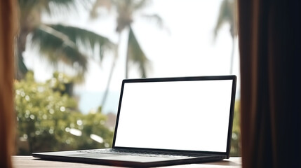 Laptop with cut out screen at sea resort. Remote work and business in palm paradise. Online purchase of air tickets and hotels. Copy space