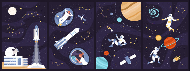 Space explorers travel set vector illustration. Cartoon astronauts in helmet and spacesuit flying among solar system planets, asteroids and stars, characters work in space station and observatory © Flash Vector