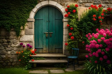 Fototapeta na wymiar door and flowers in a garden