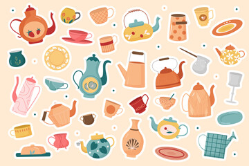 Cartoon cute colored glass and ceramic crockery with different pattern, tableware for tea ceremony and breakfast sticker. Kitchen utensils for tea party stickers set vector illustration