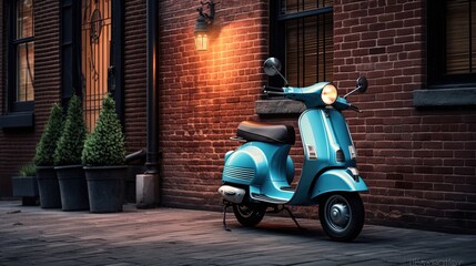 vintage scooter park with old house background, Generative Ai
