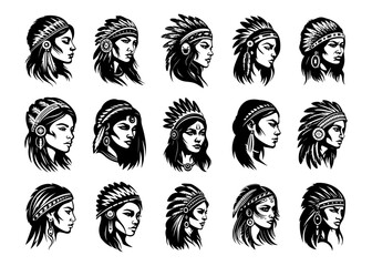 Beautiful native indian american girl head vector clip art illustration set