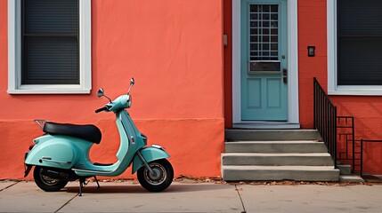 vintage scooter park with old house background, Generative Ai