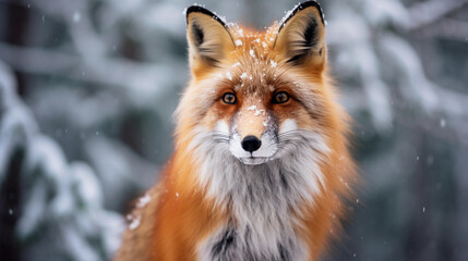 Obraz premium Close - up of a Red Fox in a snowy forest, bright green eyes, shaggy fur, crisp focus, soft lighting