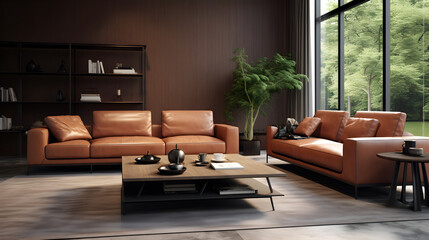 modern living room with sofa, living room interior, Interior leather sofa, mockup sofa, Interior of living room with leather sofa, Modern Style, Generative AI