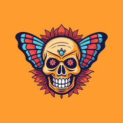 skull butterfly wings illustration hand drawn logo design