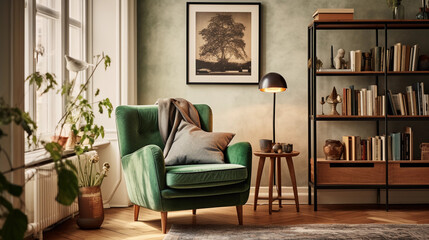 Hyper - realistic photograph, a cozy and stylish home interior, a corner with a plush, velvet green armchair, brass floor lamp, wooden coffee table, and a stack of vintage hardcover books. In the back