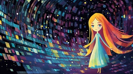 art cartoon illustration of a girl in glitter glow tunnel, cyber theme background, Generative Ai