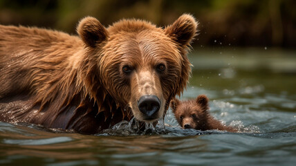 mother bear in the water with her cub
