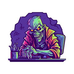 zombie playing pc monitor illustration