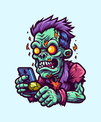 zombie playing a phone hand drawn illustration