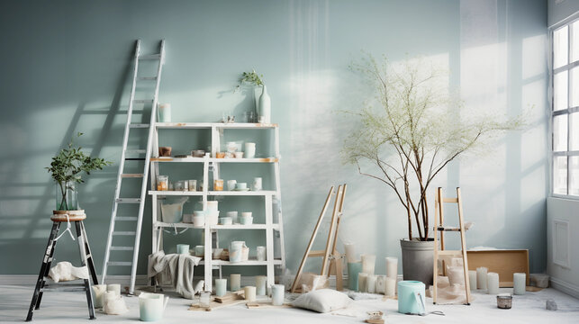Hyper - realistic photograph, a home improvement scene, a freshly painted living room in a muted pastel color, ladder in the foreground, paintbrushes and paint cans nearby. The mid - renovation chaos 