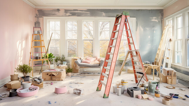 Hyper - realistic depiction of a DIY home improvement project in progress: freshly painted white walls, a vintage wooden ladder, a paintbrush resting on an open paint can, blue painter's tape along th