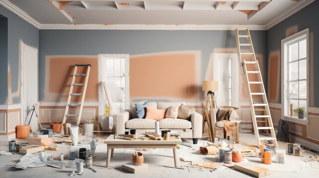 Hyper - realistic photograph, a home improvement scene, a freshly painted living room in a muted pastel color, ladder in the foreground, paintbrushes and paint cans nearby. The mid - renovation chaos 
