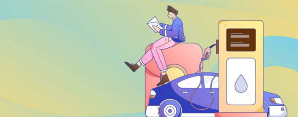 Vector internet operation hand-drawn illustration of people getting discounts for car refueling
