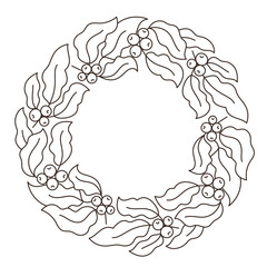 Coffee circle frame pattern ornament. Leaves with beans. Coffea design element. Editable outline stroke. Vector line.