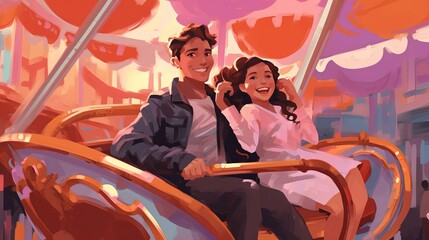  art illustration lover couple ride on amusement park ride, Generative Ai