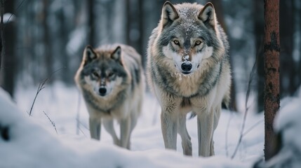 Fototapeta premium A majestic wolf in the snow.AI generated. 